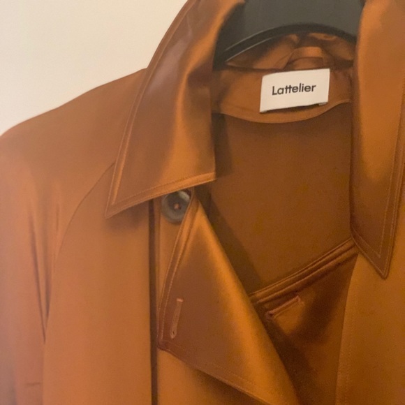 Latellier Silk Satin Like Double-Breasted Trench Coat Orange/Rust Jacket - Picture 4 of 6